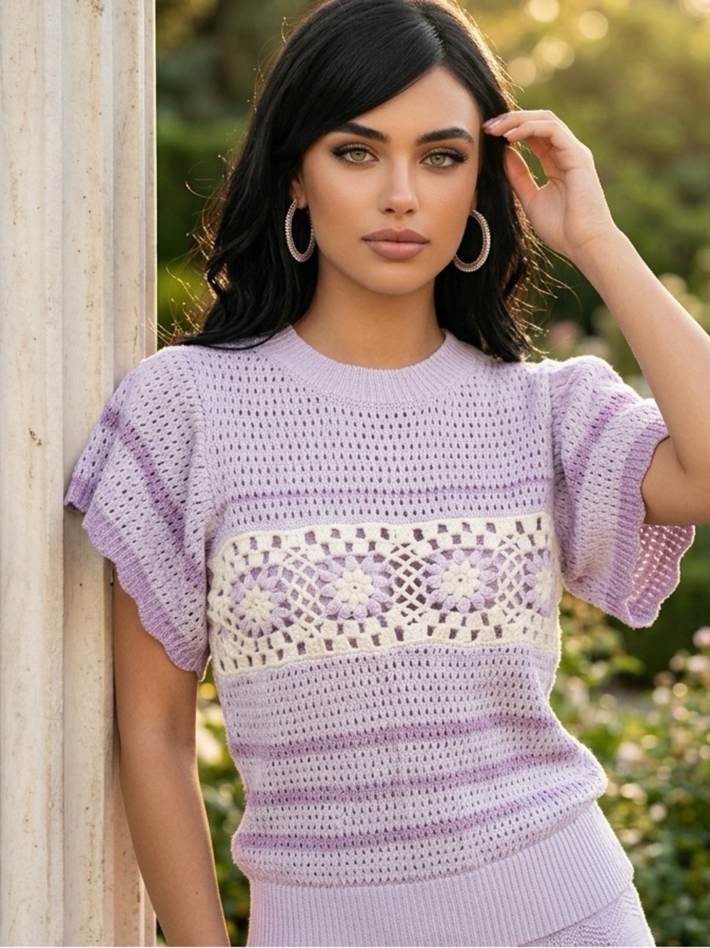 Mystree Lilac Knit Top with crochet Trim large flutter sleeves women’s Sz large